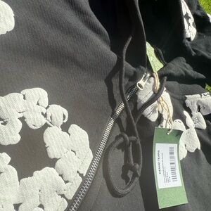 BLACK DENIM TEAR HOODIE ZIP UP